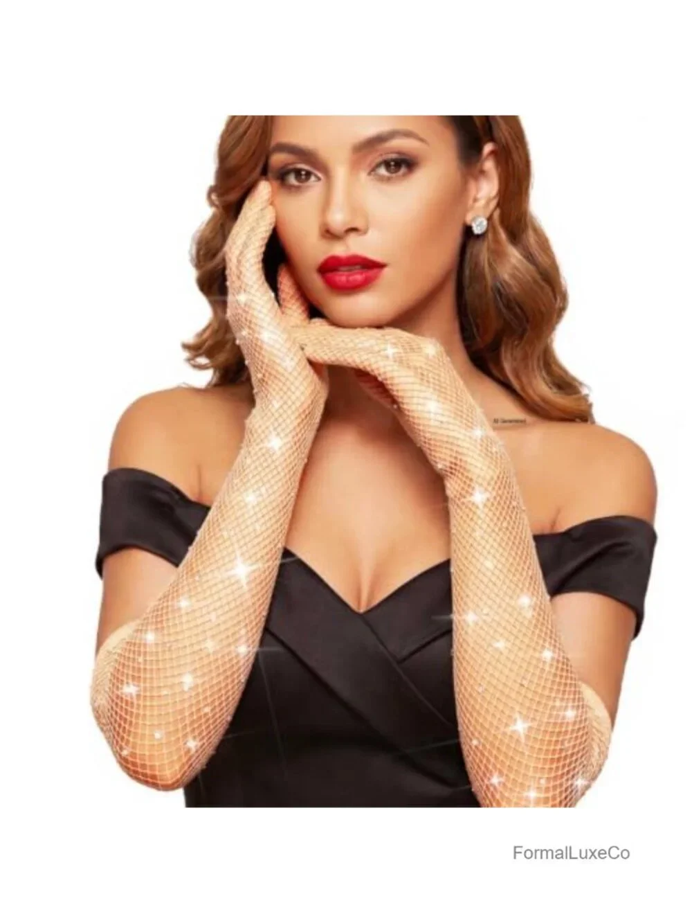 Mesh Rhinestone Long Gloves Sparkly Costume Gloves